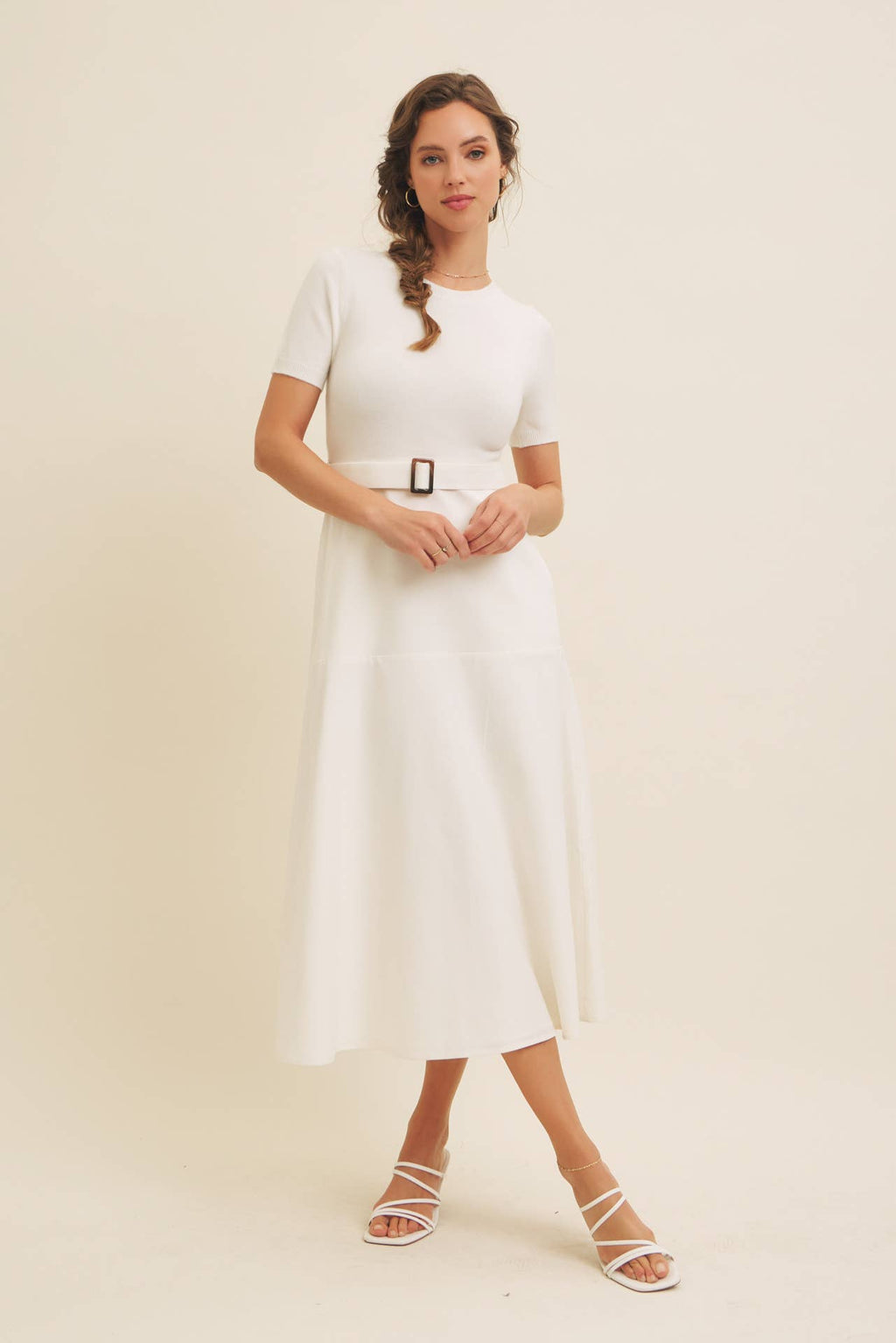 Delaney Sweater Midi Dress - White Mixed Media Dress with Belt