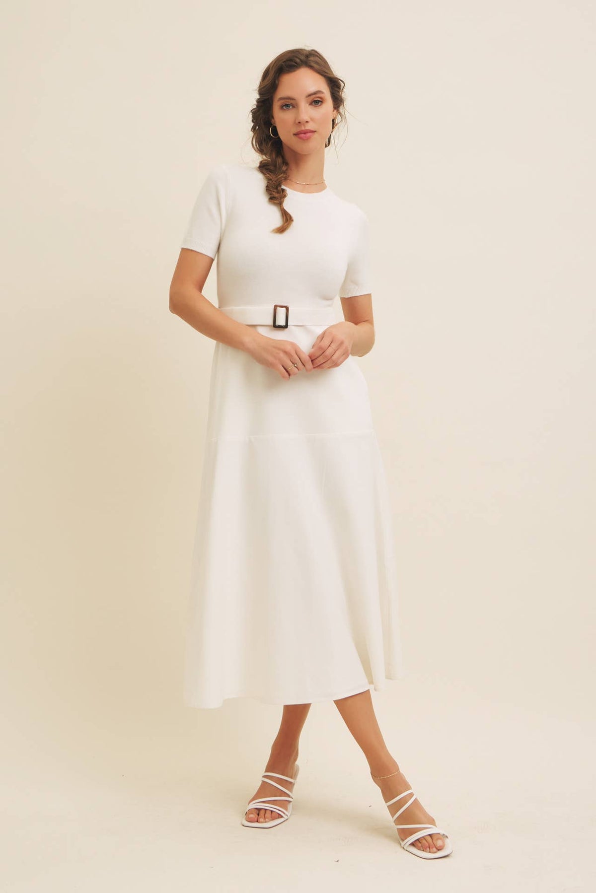 Delaney Sweater Midi Dress - White Mixed Media Dress with Belt