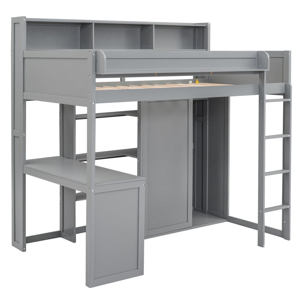 Loft Bed With Built In Desk, Storage Shelves, And Wardrobe