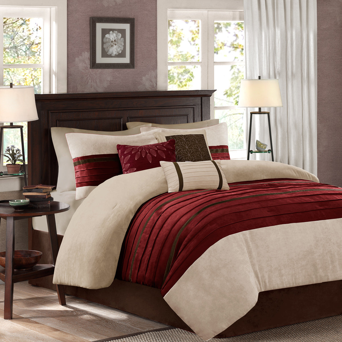7 Pc Pieced Faux Suede Comforter Set Red King
