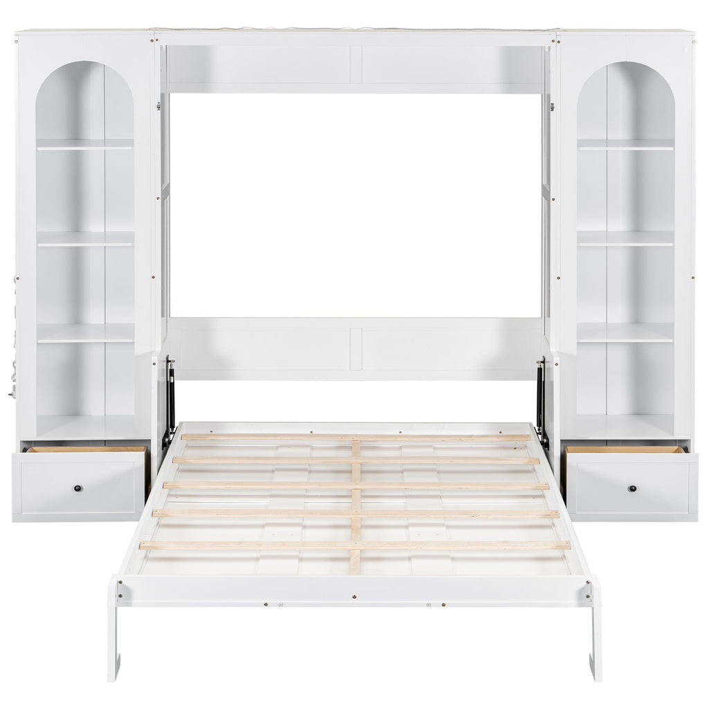 French Style Murphy Platform Bed With Shelf, Side Cabinets, Drawers And LED