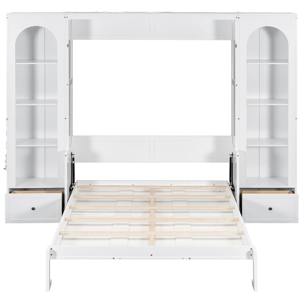 French Style Murphy Platform Bed With Shelf, Side Cabinets, Drawers And LED