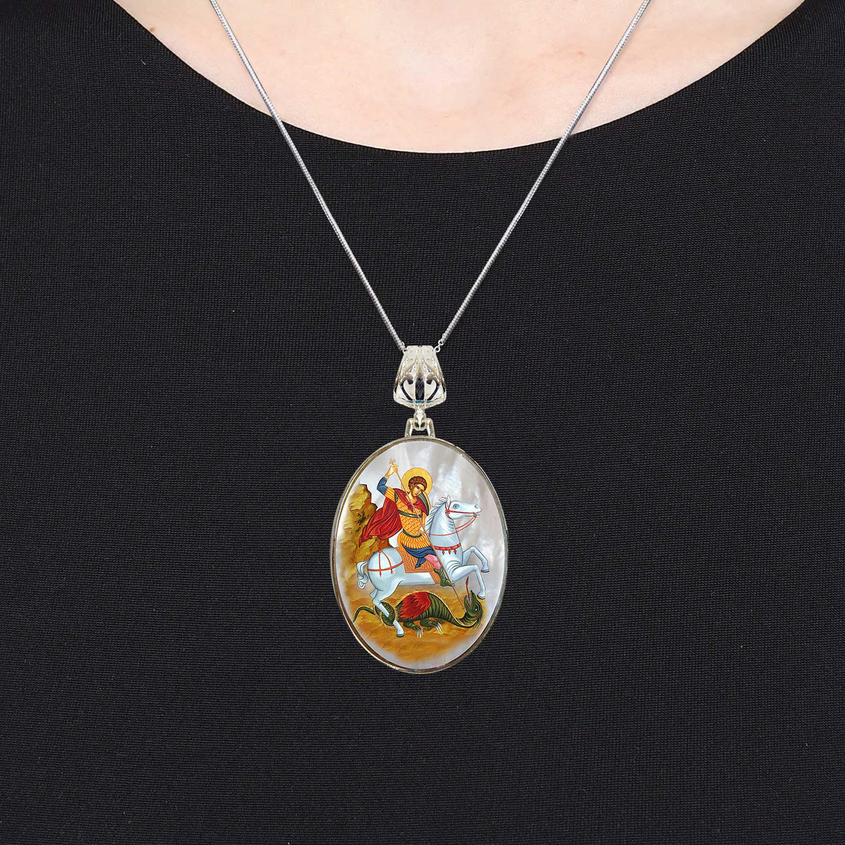Saint George Silver Plated Mother of Pearl Necklace Jewelry - 43013