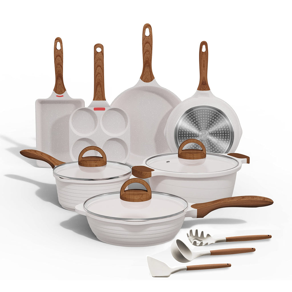 JEETEE Pots and Pans Set Nonstick White Granite Induction Cookware Sets 13 Pieces w/Frying Pan Saucepan Sauté Pan Tamagoyaki Pan Egg Pan Cooking Pots PFOA Free