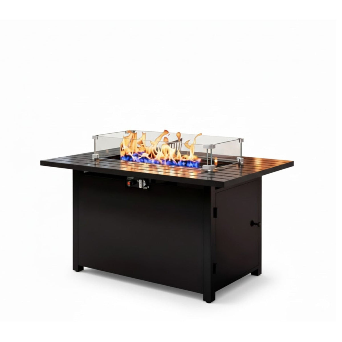 Outdoor 2 In 1 Gas Fire Pit Table With Lid & Glass Shield, Stainless Burner, Lava Rock, Rectangular Design - Black