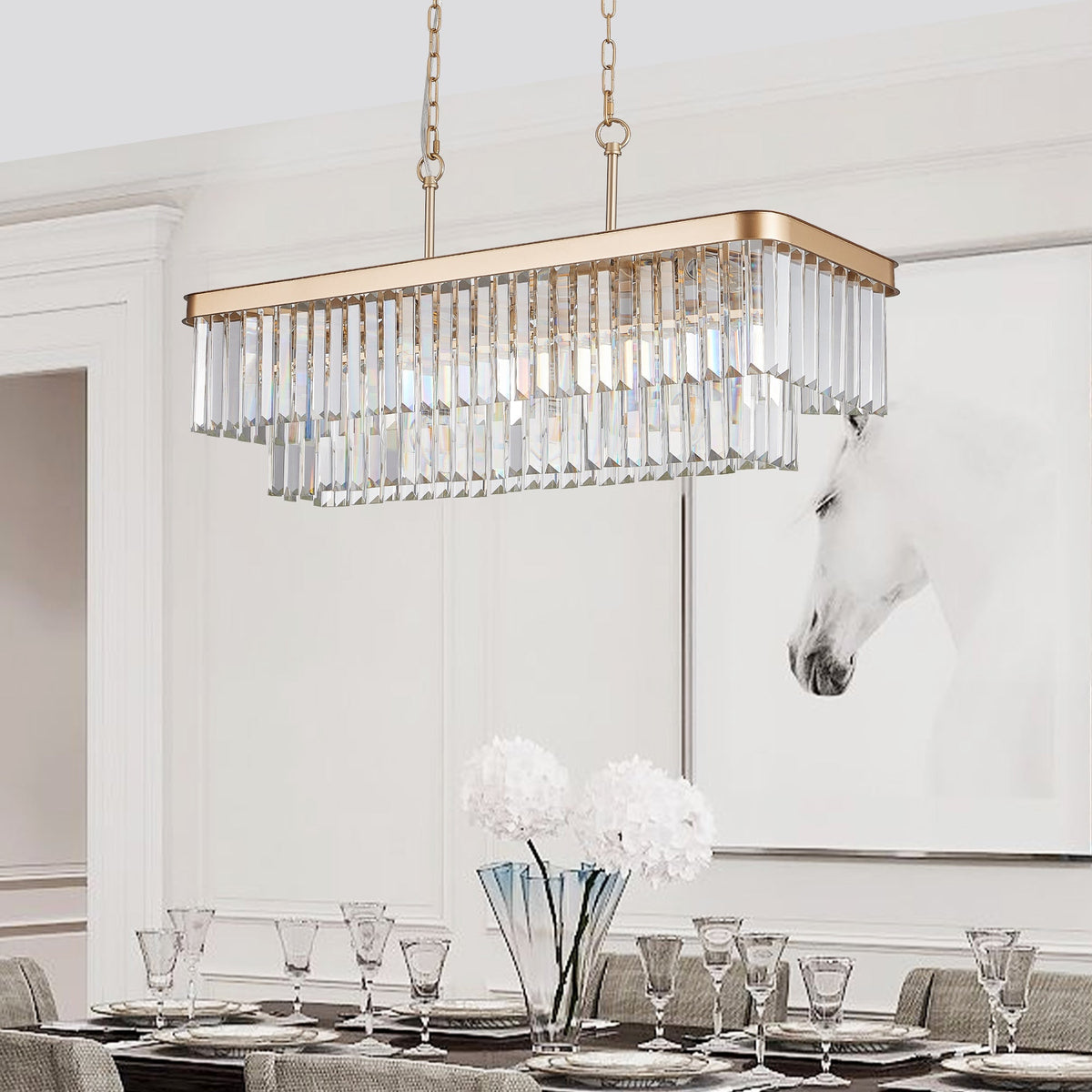 Rectangular Crystal Chandelier Adjustable Gold Iron Ceiling Light