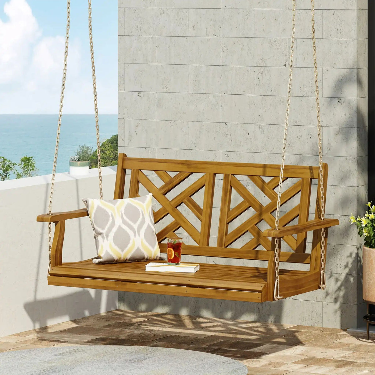 Alejandro Acacia Wood Porch Swing with Slat Panel Seating