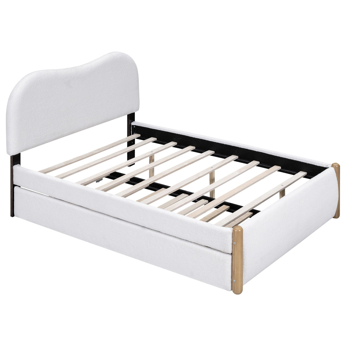 Upholstered Platform Bed With Wood Supporting Feet And Trundle