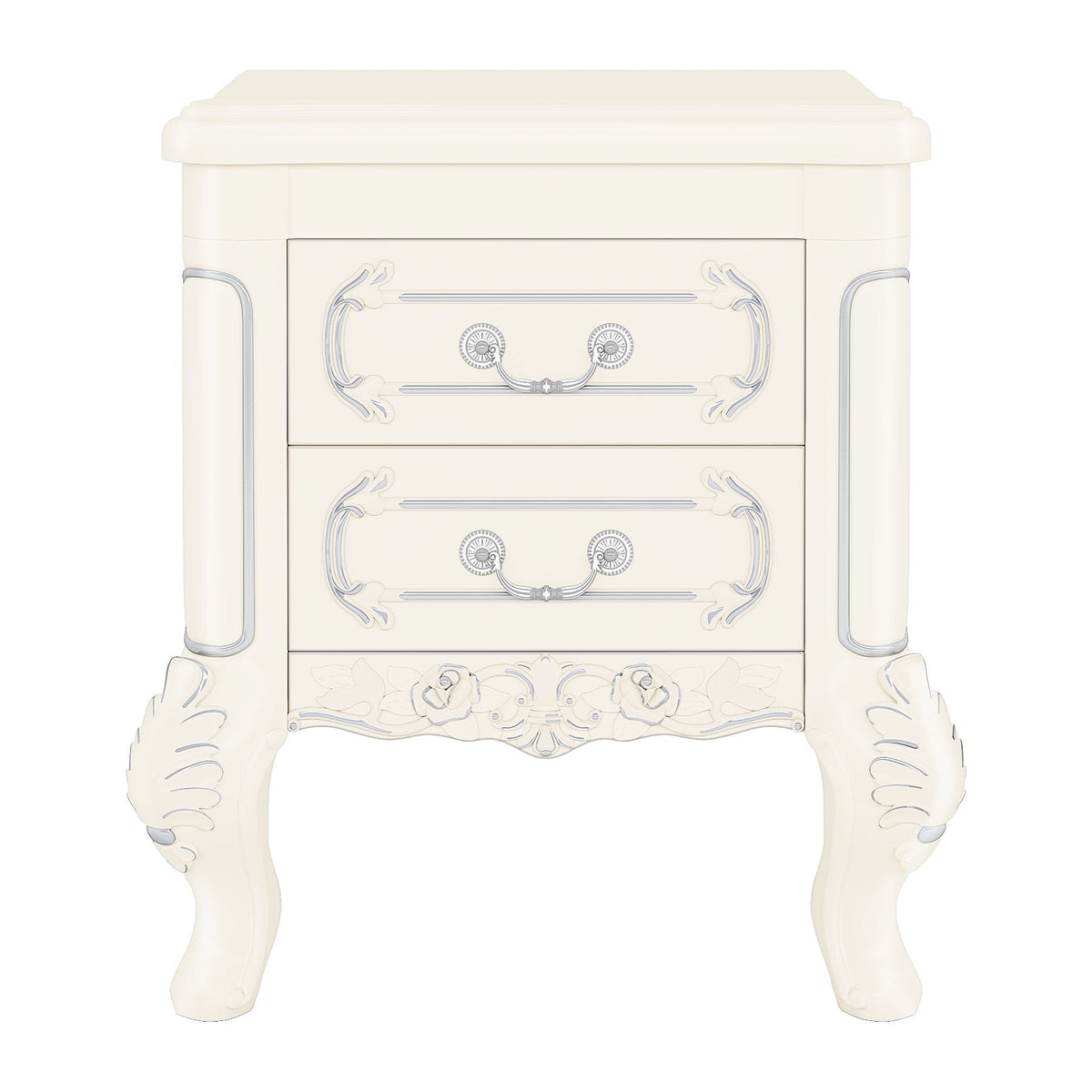 Carved Nightstand With 2 Drawers, Bedside Table - White