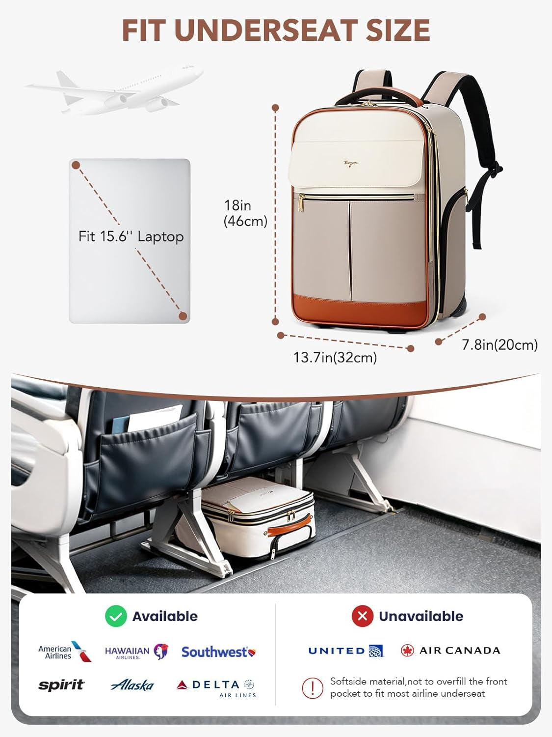 Rolling Backpack for Women, Large Travel Backpack with Wheels Carry on Flight Approved, 15.6 Inch Laptop Wheeled Roller Bag Suitcase for Work Bussiness Weekender (Khaki, M Underseat Size)