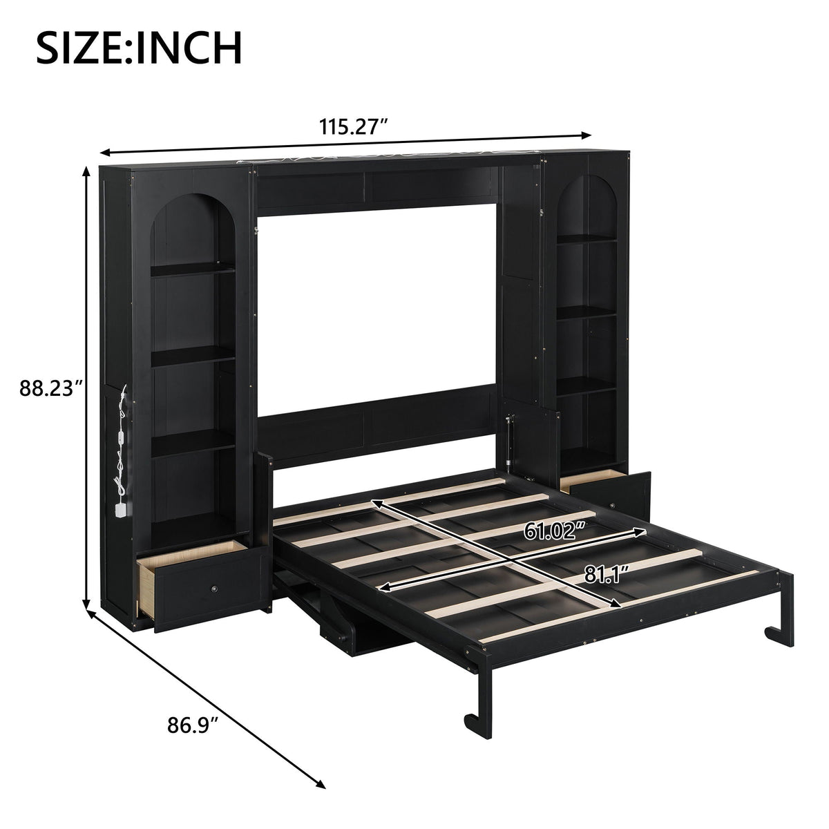 French Style Murphy Platform Bed With Shelf, Side Cabinets, Drawers And LED