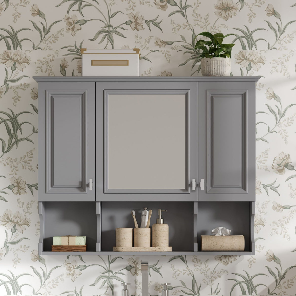 Wall Mounted Bathroom Medicine Wall Cabinet With Mirror & Open Shelves