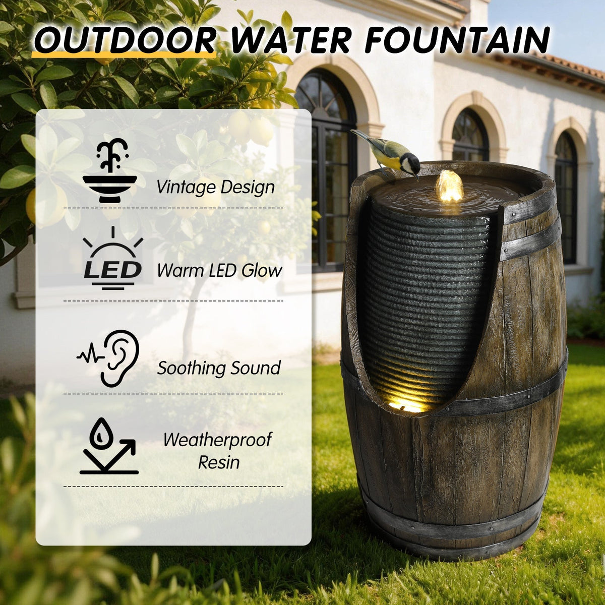 Wooden Barrel Style Outdoor Water Fountain with Lights