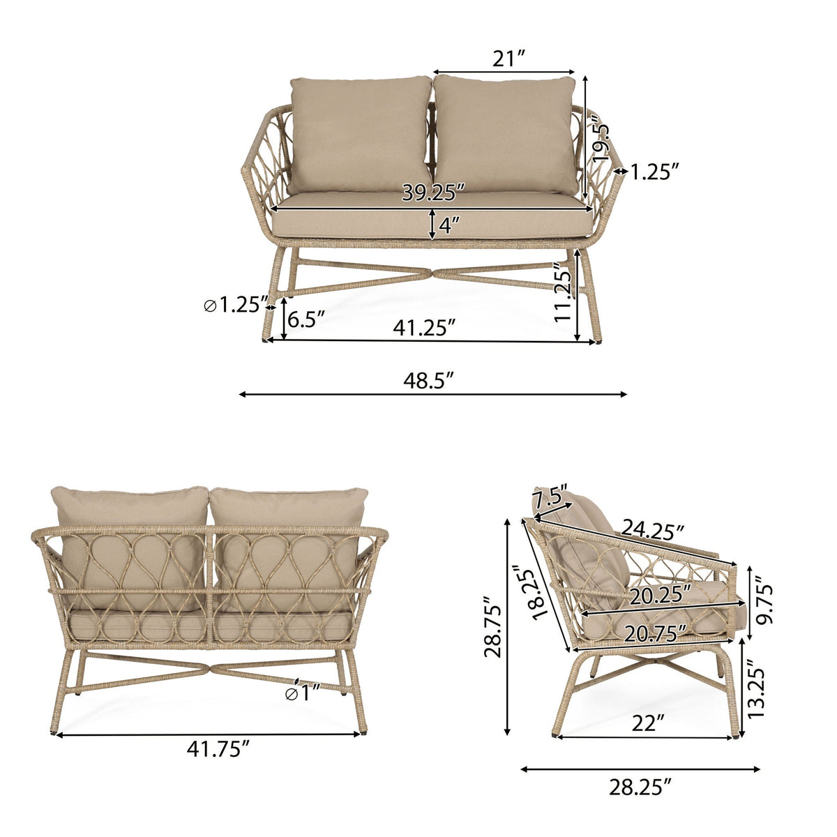 Bruce Boho Inspired 4 Pieces Chat Set with Water Resistant Cushions - Brown