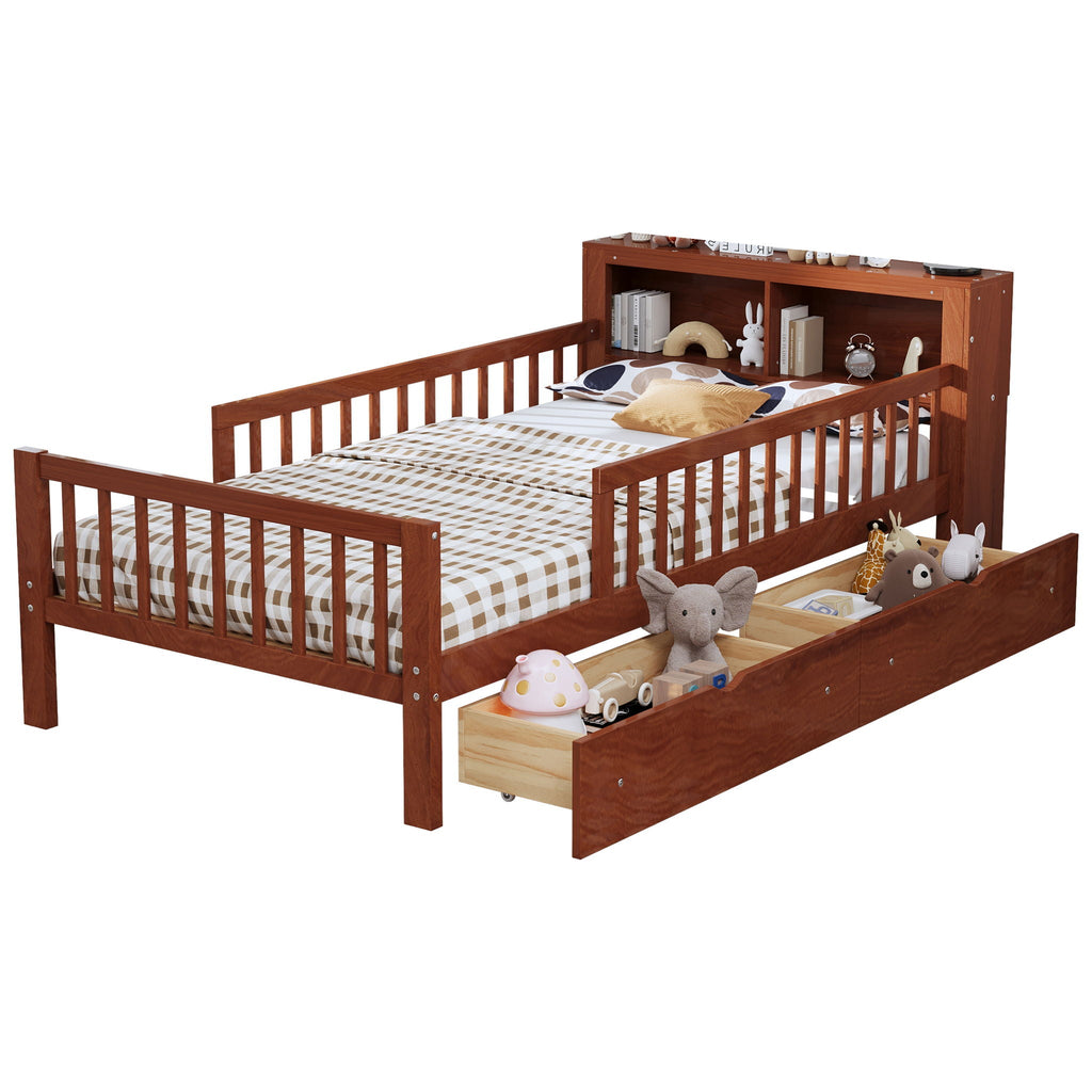 Bed With Headboard Storage Rack, 2 Under Bed Drawers, 3 Side Guardrails For Safety