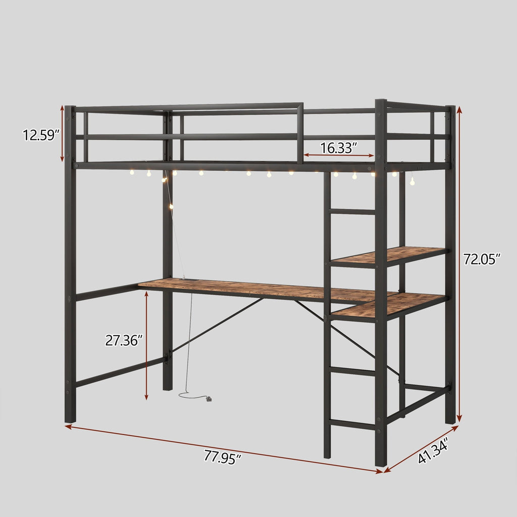 Space Saving Twin Size Loft Bed With L Shaped Desk, Shelves, Charging Station, Led Lights - Brown