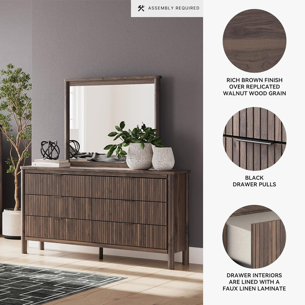Signature Design by Ashley Cadmori Classic 6-Drawer Dresser and Mirror with Tipping Restraint Package, Dark Brown