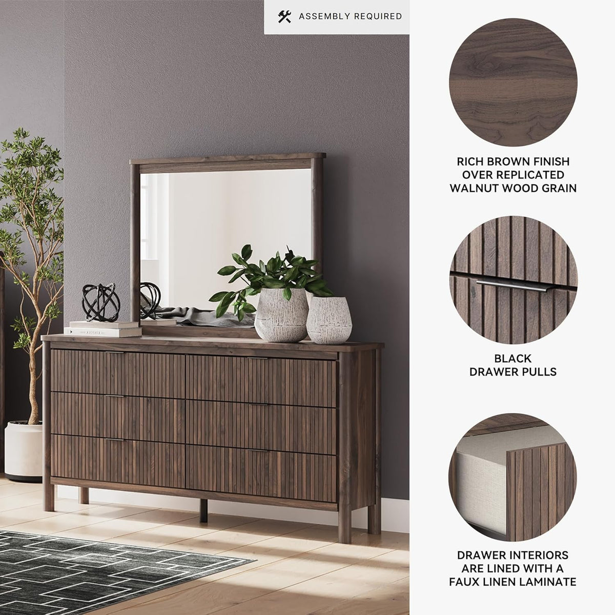 Signature Design by Ashley Cadmori Classic 6-Drawer Dresser and Mirror with Tipping Restraint Package, Dark Brown
