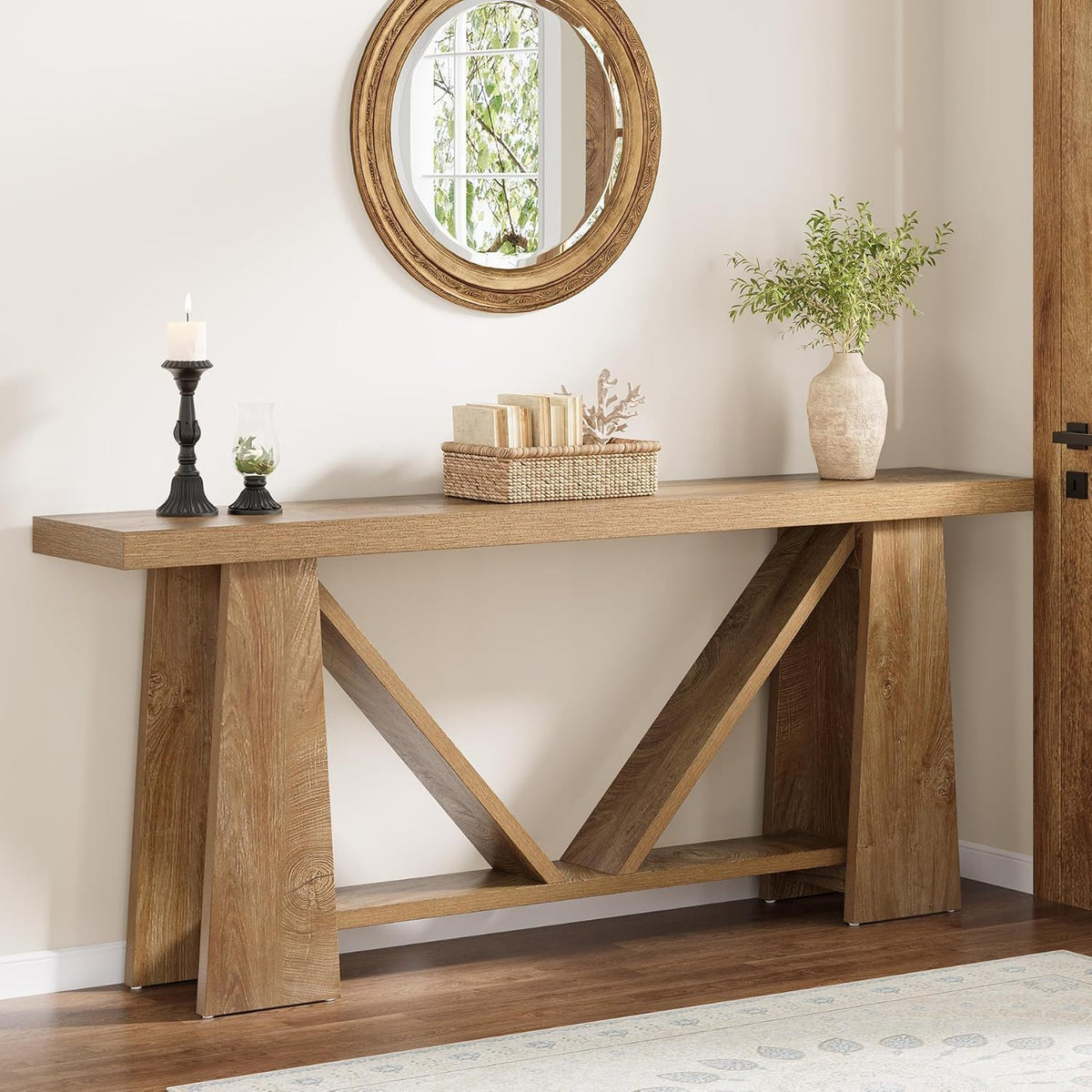 Slim 2 Tier Entryway Accent Extra Long Console Table For Living Room - Natural / Light Brown