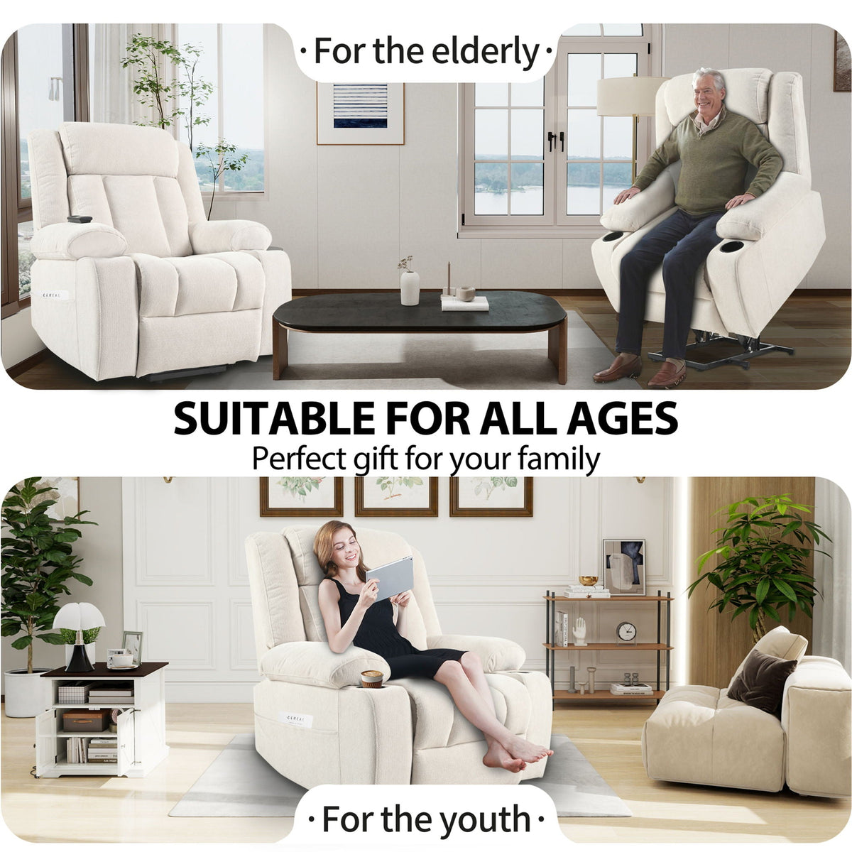 Power Lift Recliner Chair With Extended Footrest, Remote Control, Cup Holders, And Side Pockets