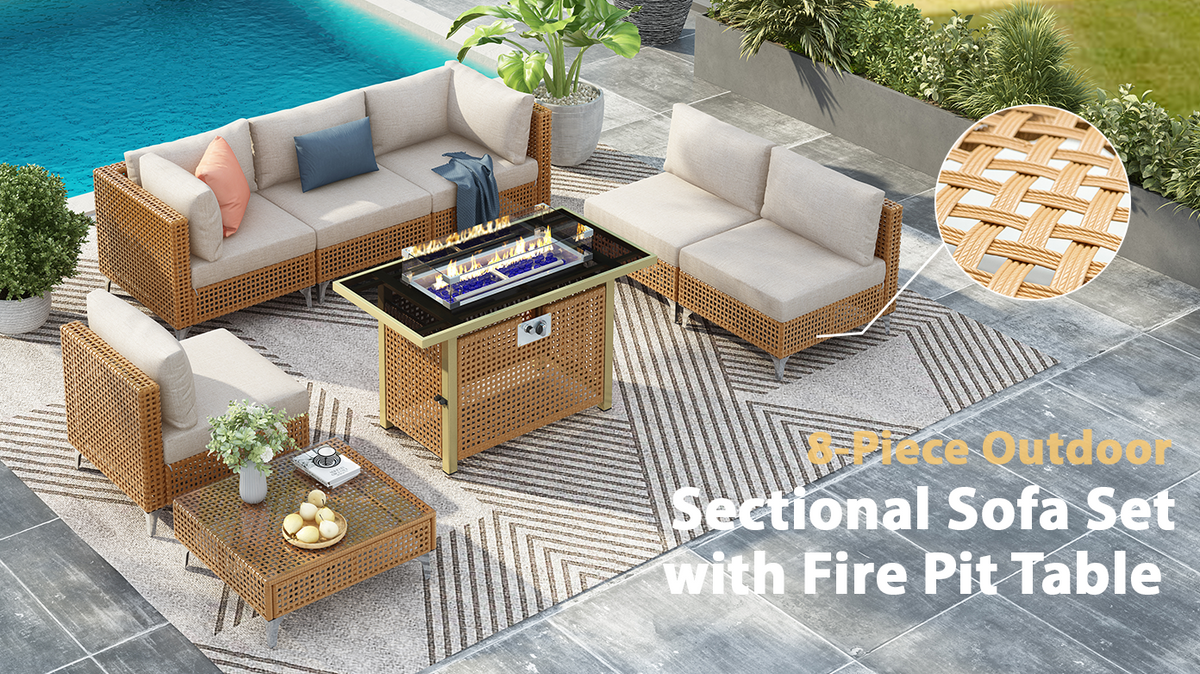 K&K 8-Piece Patio Furniture Set with Fire Pit Table