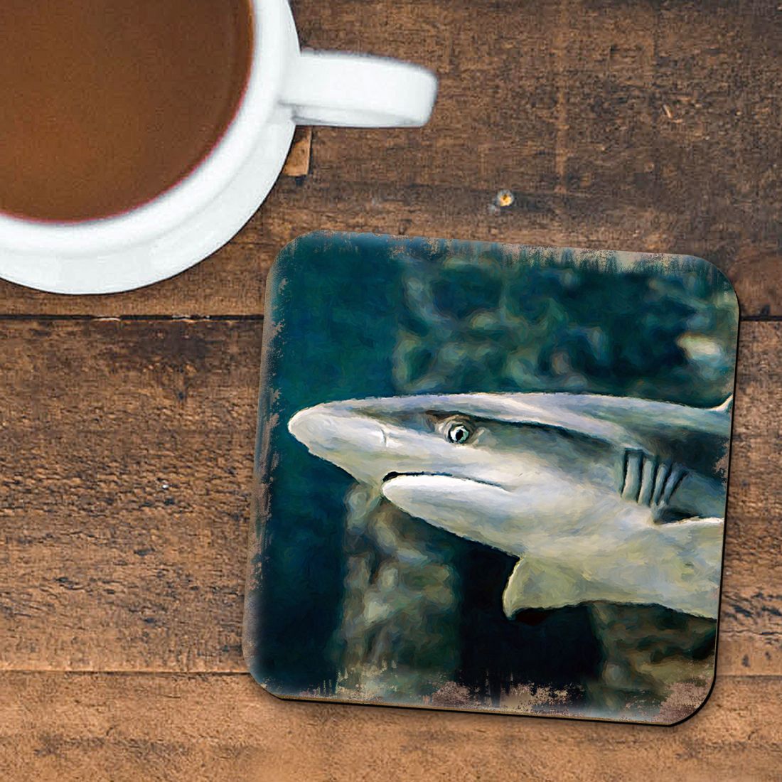 Shark Coastal Wooden Cork Coasters Gift Set of 4 by Nature Wonders - Coastal Sea-Life Decor - 95324C-S4