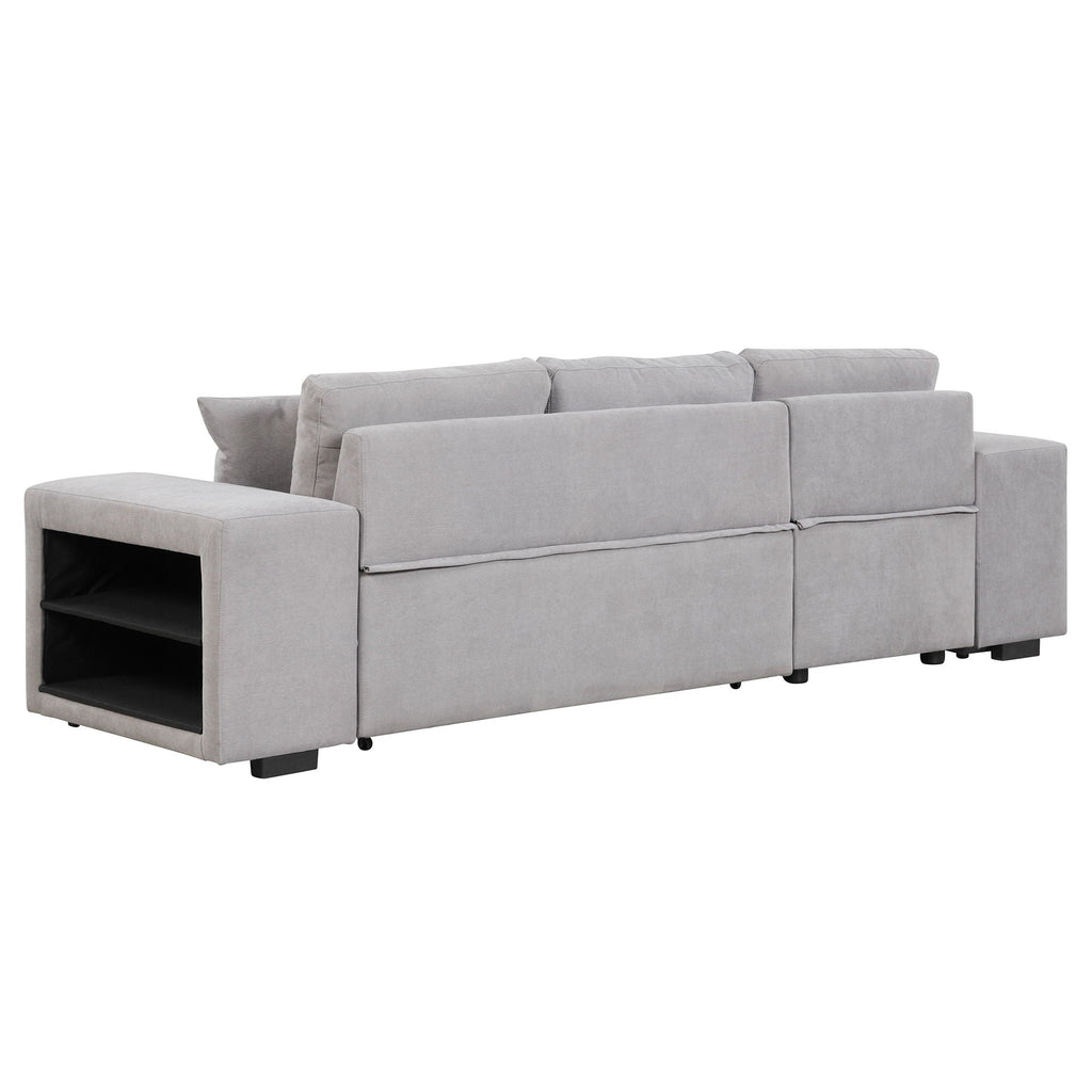 Modern L-Shape 3 Seat Reversible Sectional Couch, Pull Out Sleeper Sofa With Storage Chaise And 2 Stools For Living Room Furniture Set
