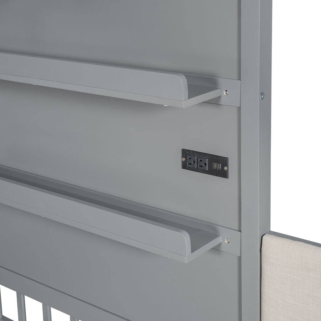 House Bed With Upholstered Sofa, Wireless Charging Station, Shelves And 2 Drawers