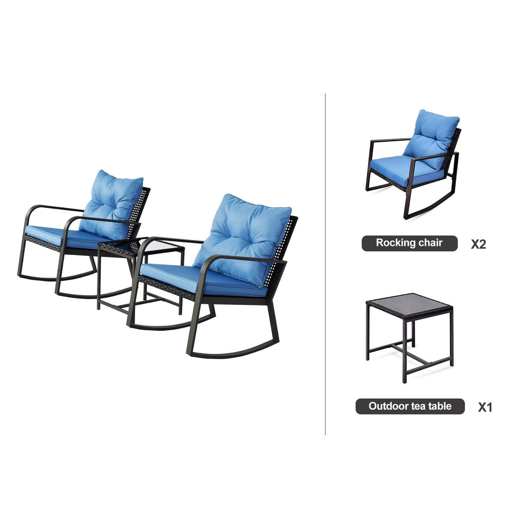 3 Pieces Patio Bistro Set Outdoor Rocking Chair with Blue Cushion for Yard Garden Poolside