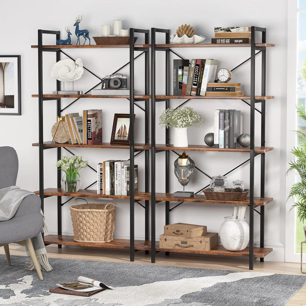 5 Tier Bookshelf Unit With Accents For Living Room - Black / Brown