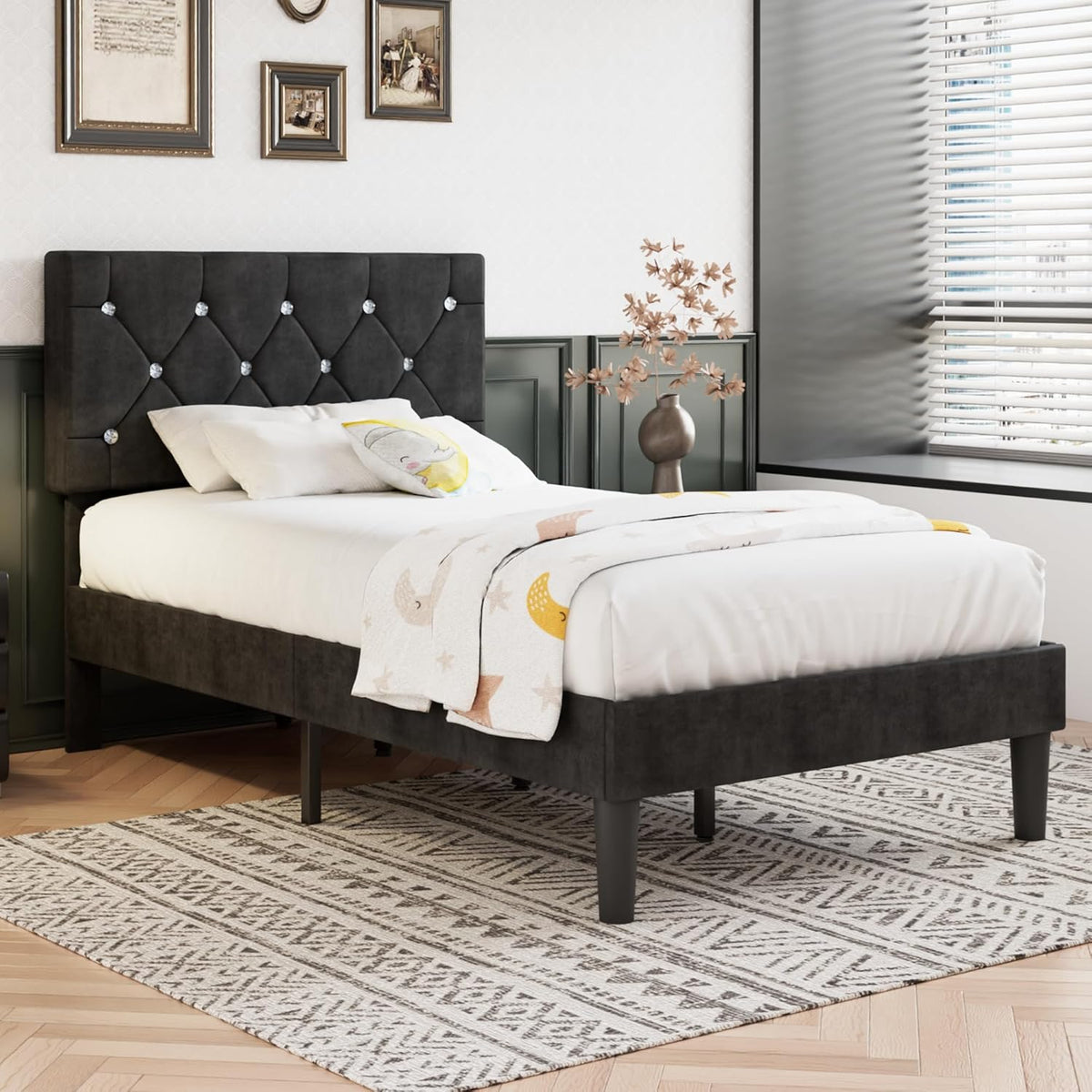 Twin Size Bed Frame, Upholstered Platform with Adjustable Diamond Tufted Headboard, Wood Slat Support, No Box Spring Needed, Velvet & Black