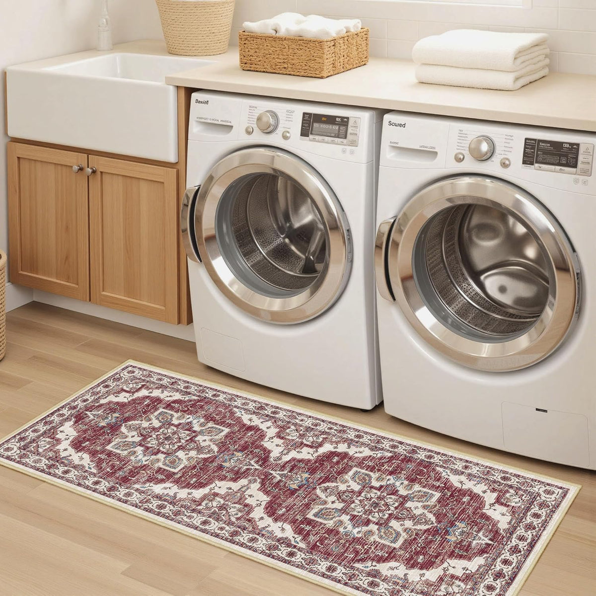 Non Slip Kitchen Rugs Sets of 3 Washable Kitchen Rug Boho Kitchen Mats for Floor Soft Kitchen Runner Rug Non Skid Kitchen Floor Carpet for Entryway Hallway Laundry Room, Brick Red