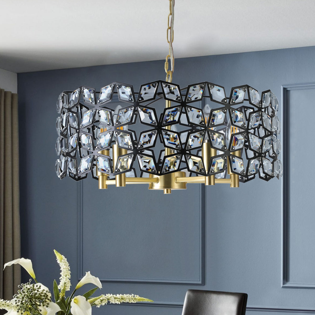 19" Geometric Crystal and Black Gold Round Pendant Chandelier