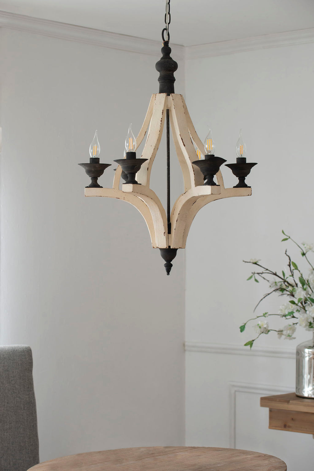 6 Light Wood Chandelier, Hanging Light Fixture With Adjustable Chain For Kitchen, Bulb Not Included - Cream