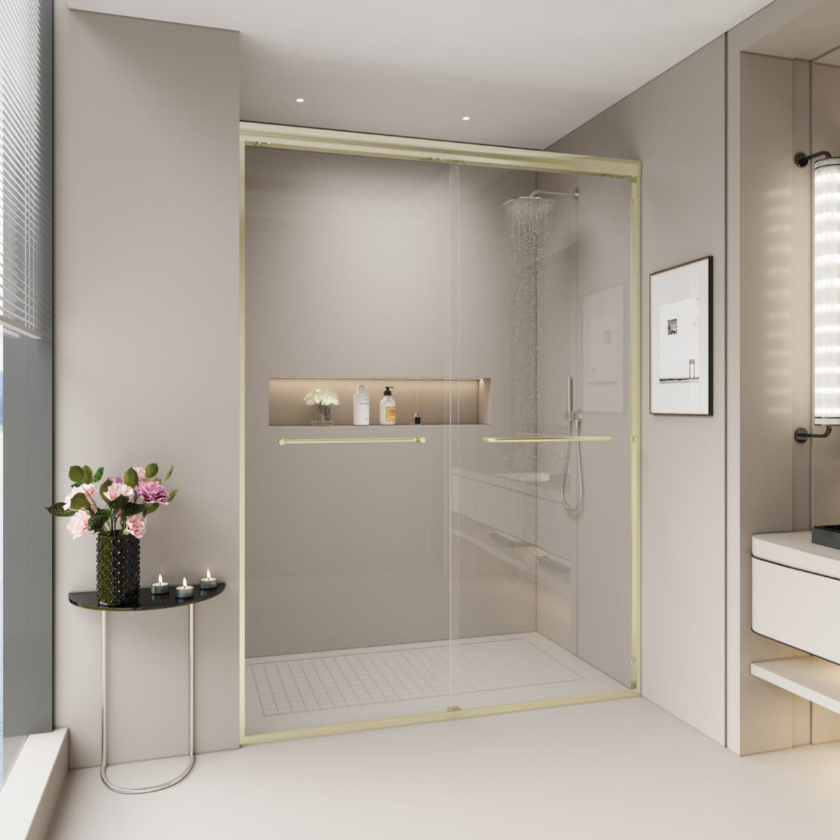 Double Sliding Shower Door, Semi-Frameless Bypass Bathroom Sliding Door With 1/4" (6 Mm) Tempered Glass For Walk-In Shower