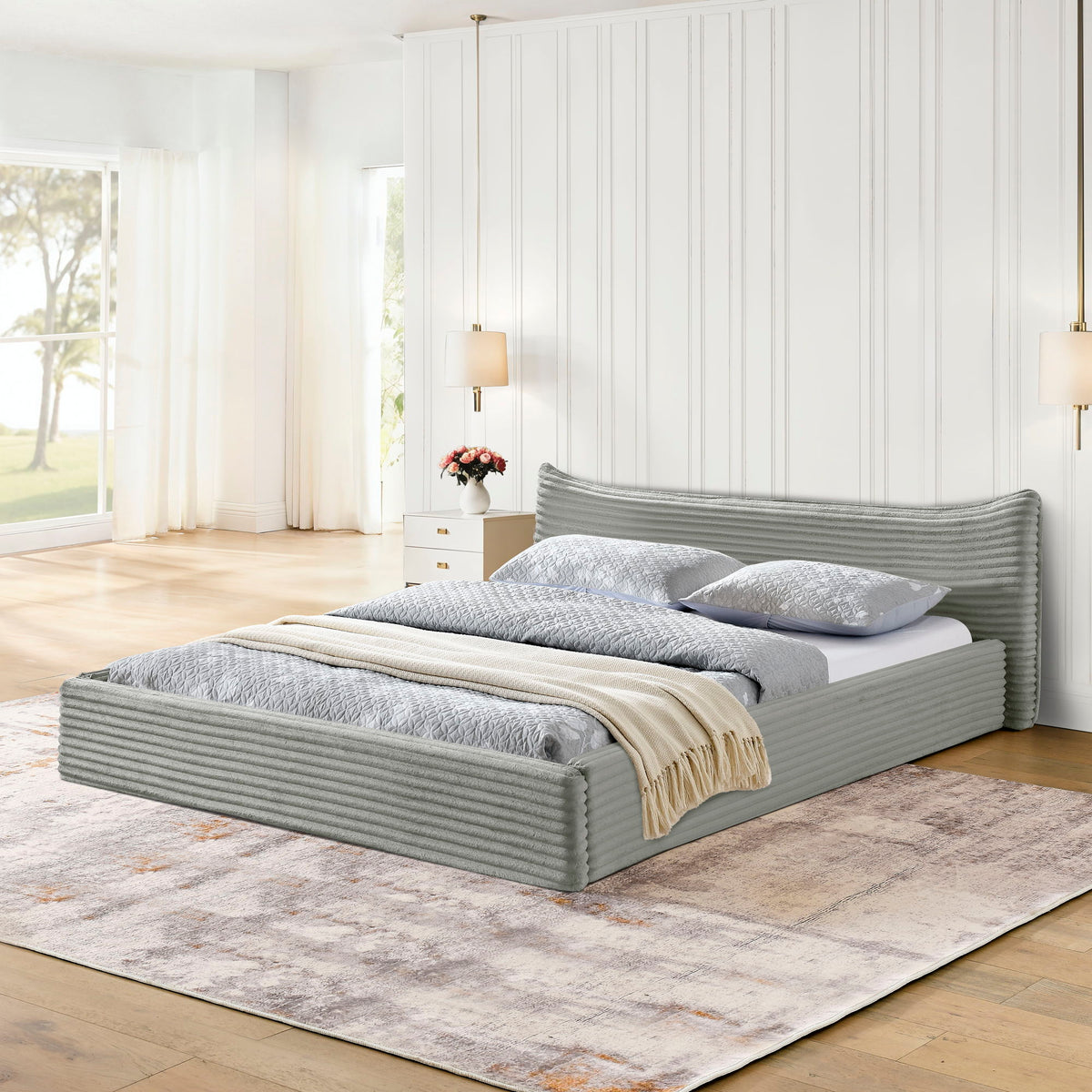 Modern Upholstered Bed Frame With Curved Headboard