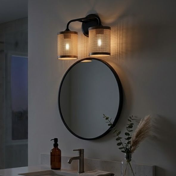 Quell - Double Light Vanity With Natural Shade Wall Lamp - Black / Rattan