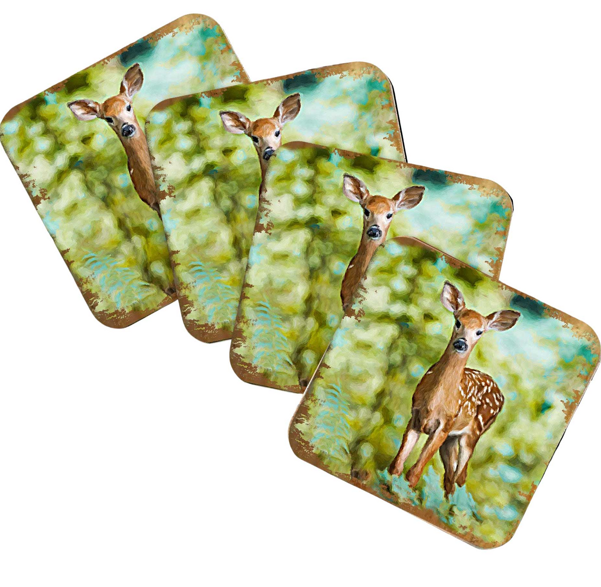 Forest Deer Wooden Cork Coasters Gift Set of 4 by Nature Wonders - Nature Wildlife Decor  - 95290C-S4