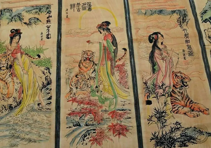 Chinese Four-Panel Calligraphy & Painting Scroll Set – Wall Hanging