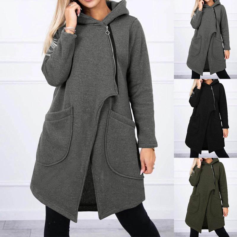 Half-high Neck Side-zip Hoodie With A Hood And Fleece-lined Pockets