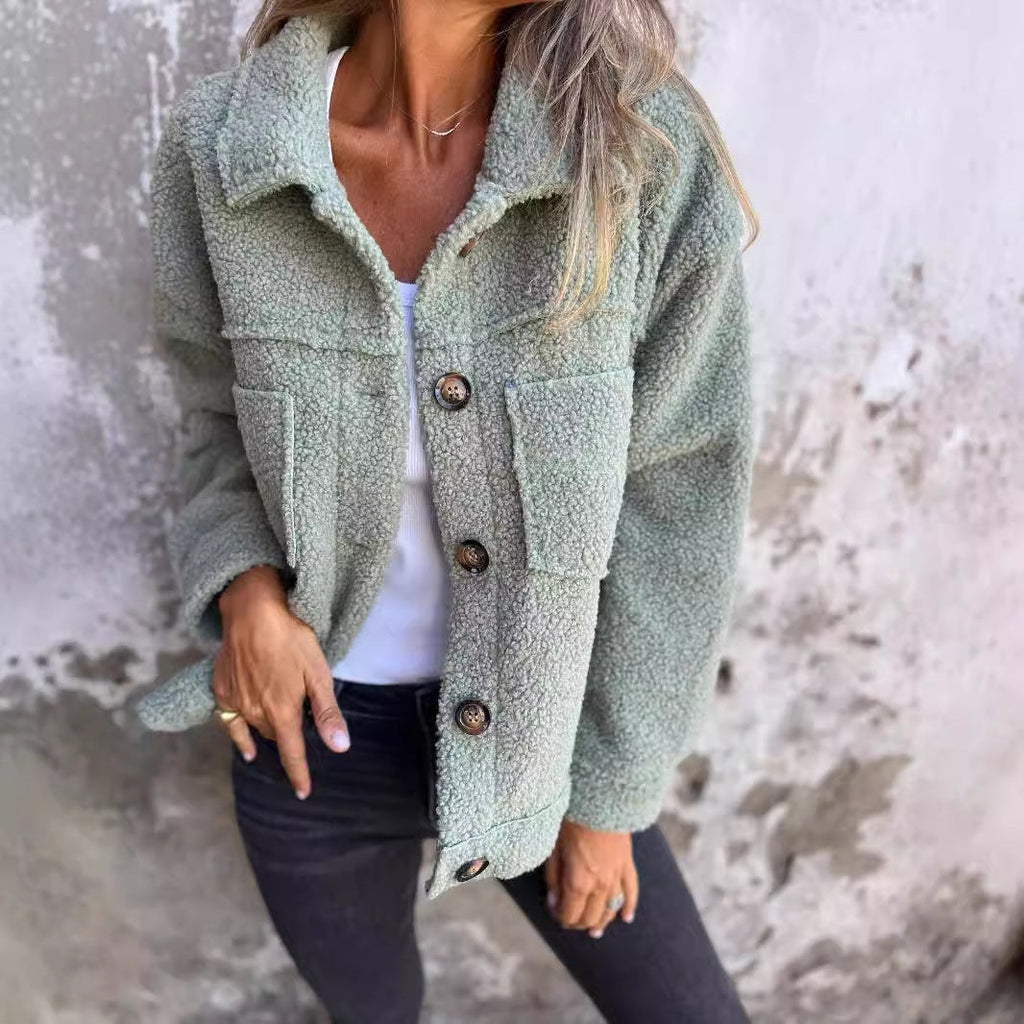 Women's Lamb Wool Coat Winter Lapel Single Breasted Jacket Outwear Warm Cropped Tops Clothing