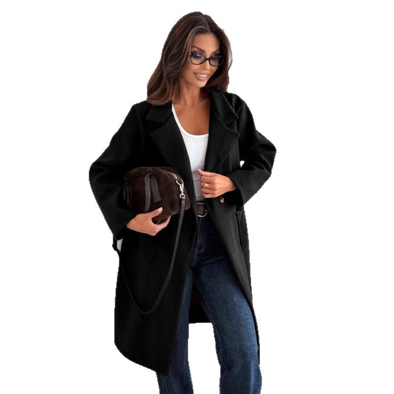 Autumn And Winter Fashion Simple Solid Color Long Sleeve Single-breasted Wool Coat
