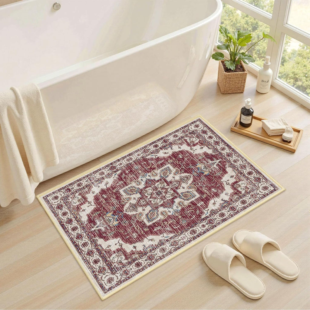 Non Slip Kitchen Rugs Sets of 3 Washable Kitchen Rug Boho Kitchen Mats for Floor Soft Kitchen Runner Rug Non Skid Kitchen Floor Carpet for Entryway Hallway Laundry Room, Brick Red