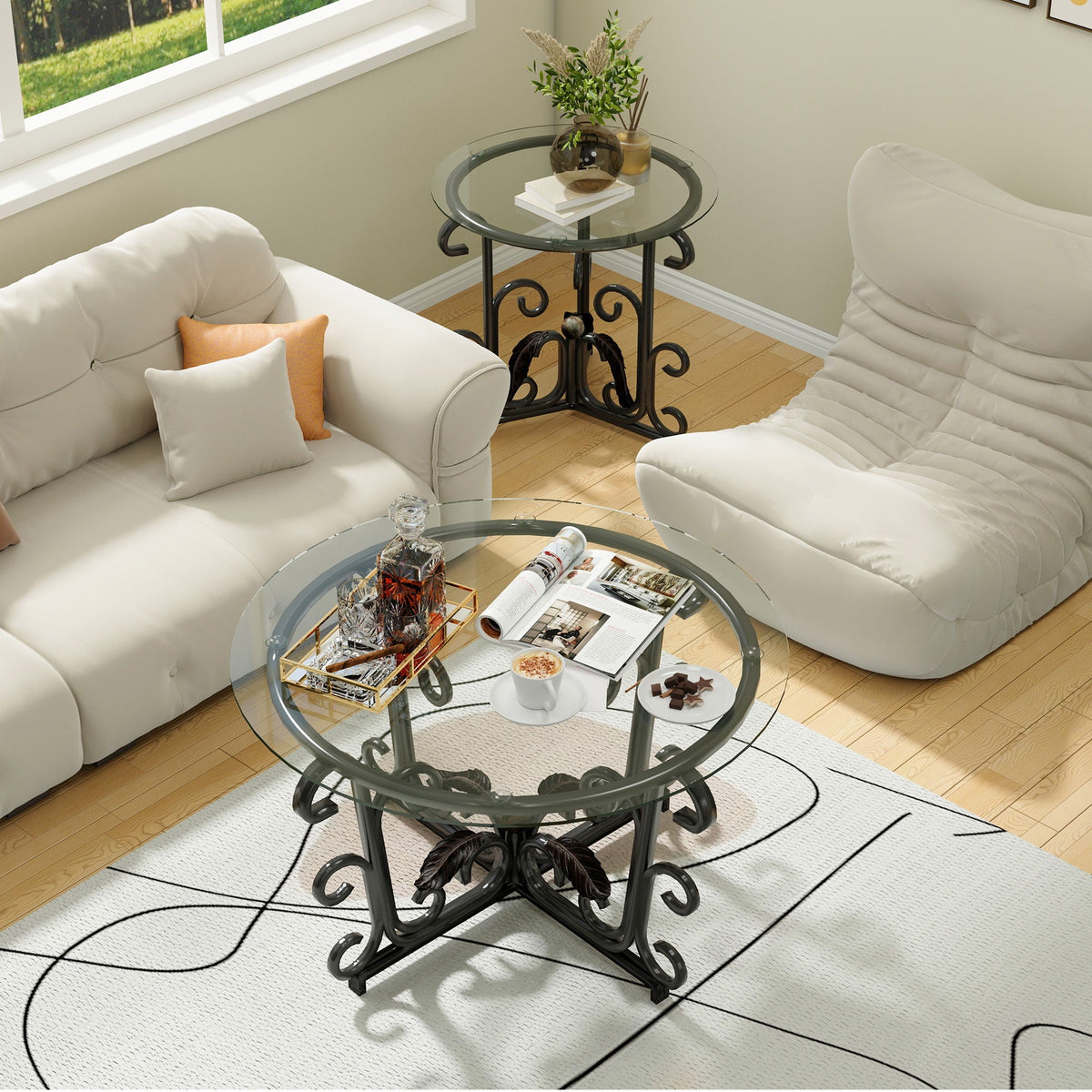3 Piece Coffee Table Set With Tempered Glass Surface - Black