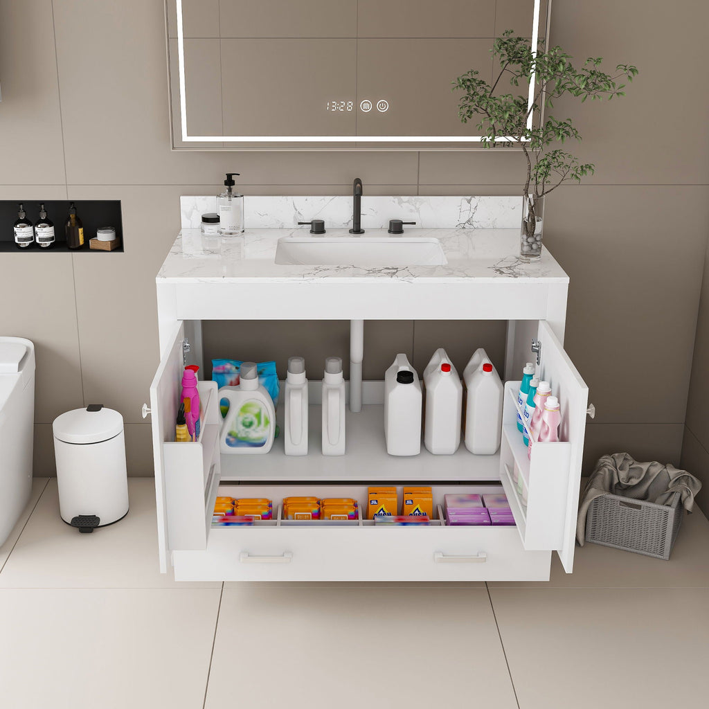 43" Bathroom Vanity With Artificial Marble Carrara Top Set, Multi Functional Bathroom Cabinet With Doors And Drawer - White