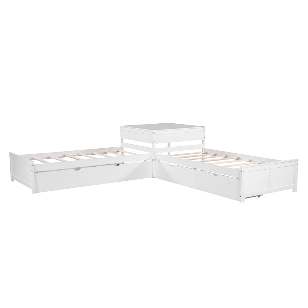 L Shaped Platform Bed With Trundle And Drawers Linked With Built In Desk