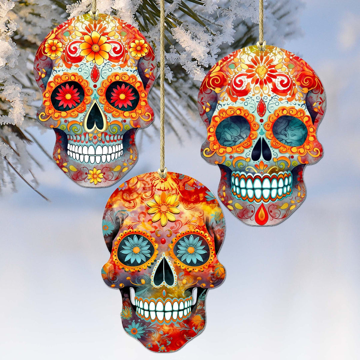 Sugar Skulls Decorative Wooden Ornaments of 3 by G. Debrekht - Halloween Decor - 8091071-S3