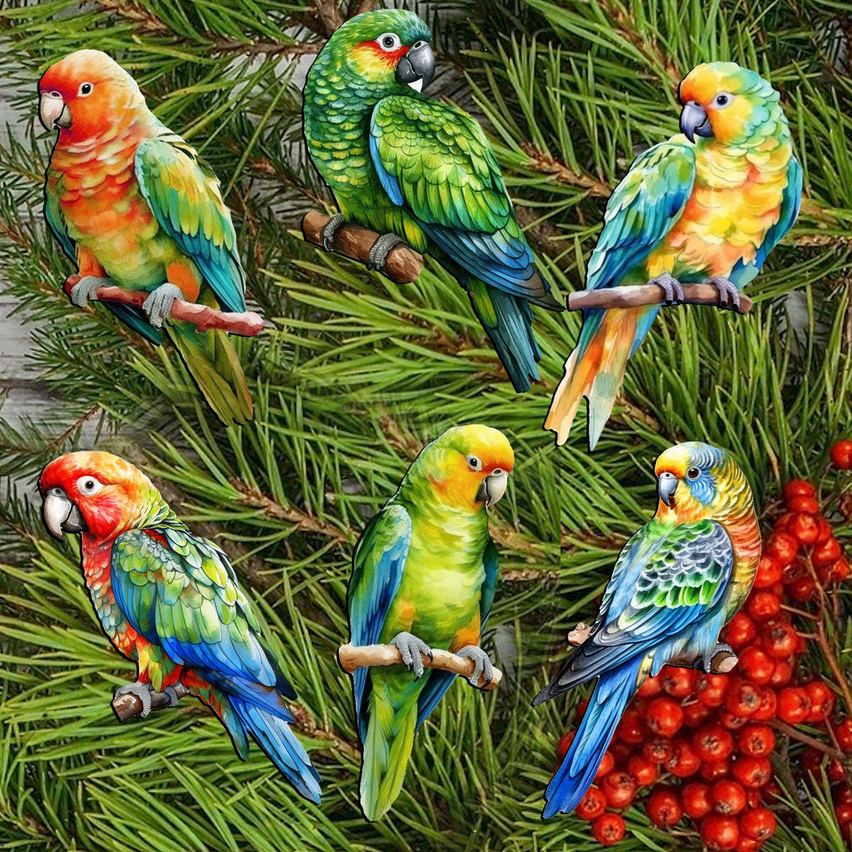 Parrots Clip-On Eco Wood Decorative Ornaments Set of 6 by G. Debrekht - Christmas Decor - 8090013C-S6