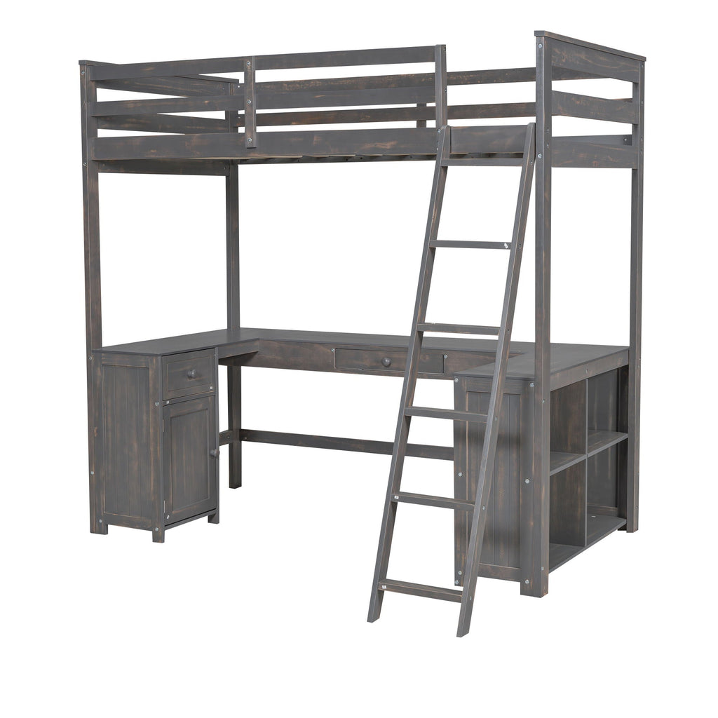 Loft Bed With U-Shaped Desk, Drawers, And Storage Shelves