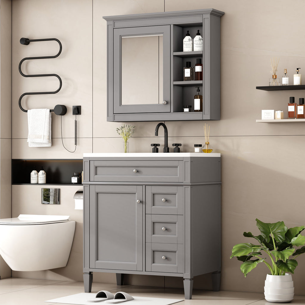 Bathroom Vanity With Top Sink, Storage Cabinet & Mirror - Gray